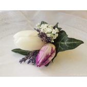 Tulip, lavender and gypsophila with ivy leaves.