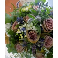 Memory Lane roses, bouvardia, gypsophila, mentha and lavender with eucalyptus and asparagus fern.