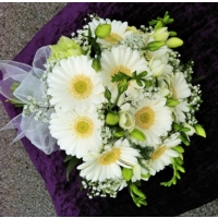 Gerbera, lisianthus, freesia and gypsophila with French ruscus.