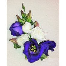 Lisianthus and spray carnation with ivy leaves enhanced with iridescent pearls.