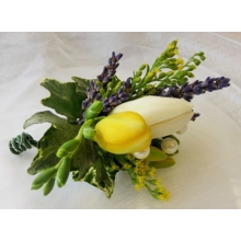  Tulip, freesia, solidago and lavender with ivy leaves enhanced with pearls.