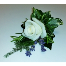 The Groom's Buttonhole - Akito rose, lavender, rosemary with asparagus fern and framed by variegated ivy leaves.